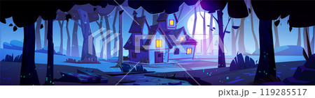 House in woods at night under moonlight. House in woods at night under moonlight. 119285517