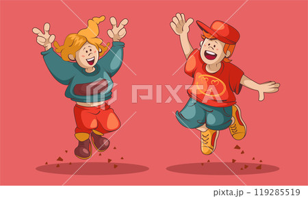 Happy girl and boy jump cartoon kid character Happy girl and boy jump cartoon kid character 119285519