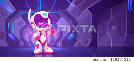 Cute robot astronaut standing in space ship hall 119285538