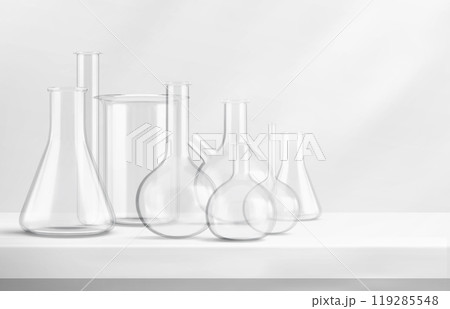 3d glass chemistry beaker on laboratory table 119285548