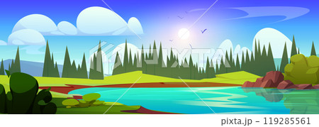 Summer valley with lake and fir tree forest Summer valley with lake and fir tree forest 119285561
