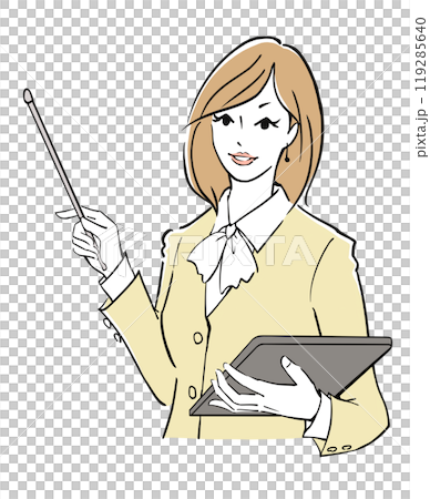 拿著文件並用指令棒解釋的女商人 119285640