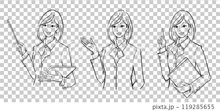 一群女商人拿著文件並用教鞭指著進行解釋和指導。 119285655