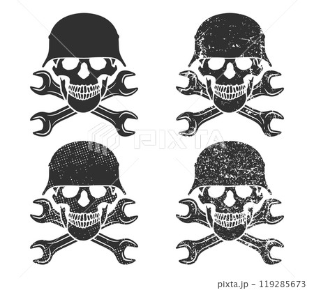 Skull with crossed wrenches and ww2 german helmet. Construction builder plumbing wrench or body shop repair car and truck mechanic service tool crossed. Vector illustration image. Skull with crossed wrenches and ww2 german helmet. Construction builder plumbing wrench or body shop repair car and truck mechanic service tool crossed. Vector illustration image. 119285673