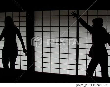 古民家で影絵遊び 女性とたわめれる白黒3 119285823