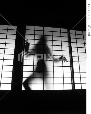 古民家で影絵遊び 女性とたわめれる白黒4 119285824