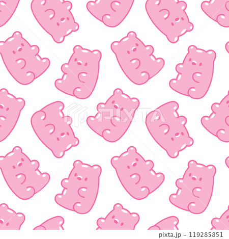 Cute girly seamless pattern with pink gummy bears. Flat background design. Repeating print for fabric, wrapping paper, textile Cute girly seamless pattern with pink gummy bears. Flat background design. Repeating print for fabric, wrapping paper, textile 119285851