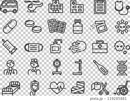 Illustration set of medical icons such as hospitals and medicines (line drawings) 119285881