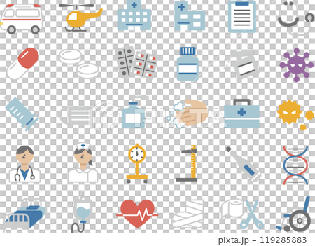 Illustration set of medical icons such as hospitals and medicines (color) 119285883