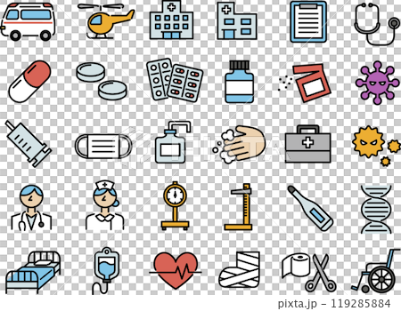 Illustration set of medical icons such as hospitals and medicines (color line drawings) 119285884