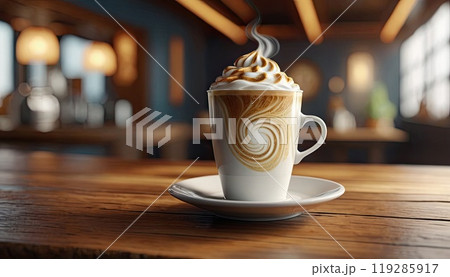 Coffee cup with latte art on wooden table in cafe. Perfect for coffee advertisements 119285917