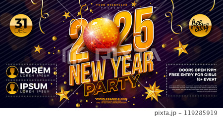 Happy New Year 2025 Party Celebration Banner Template Illustration with Shiny Disco Ball and 3d Typography Lettering on Dark Background. Vector New Year Eve Holiday Flyer Design. Premium Invitation 119285919