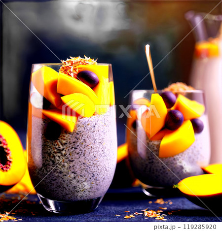 Chia seed pudding with coconut milk topped with sliced mango passion fruit and a sprinkle 119285920