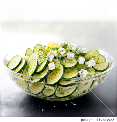 Zucchini and feta salad with spiralized zucchini crumbled feta cheese and fresh dill tossed in 119285922
