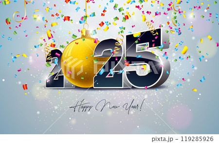 2025 Happy New Year Illustration with 3d Number, Gold Christmas Ball and Light Garland on Falling Confetti Background. Holiday Design with Typography Lettering for Flyer, Greeting Card, Banner 119285926