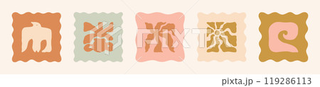Boho Summer Beach Illustration Set. Geometric Bird, Sun, Seashell, Wave and Flower Pot. Vector Abstract Square Tropical Icons in Freehand Groovy Style for Logo, Print, Pattern, Poster, Web Design 119286113