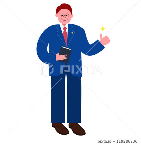 条文集(六法全書)を持った弁護士の男性が親指を立てている全身のイラスト 条文集(六法全書)を持った弁護士の男性が親指を立てている全身のイラスト 119286230