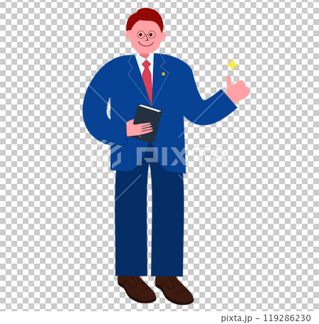 A full-body illustration of a male lawyer holding a collection of articles (Roppo Zensho) giving a thumbs up 119286230