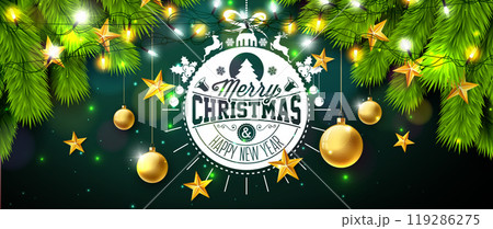 Merry Christmas and Happy New Year Illustration with Gold Glass Ball, Star and Lights Garland on Shiny Background. Vector Holiday Season Banner Design for Greeting Card, Party Flyer, Celebration Merry Christmas and Happy New Year Illustration with Gold Glass Ball, Star and Lights Garland on Shiny Background. Vector Holiday Season Banner Design for Greeting Card, Party Flyer, Celebration 119286275
