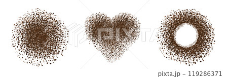 Set Coffee ground speckles powder, cocoa top view. Grainy bean with particles textured stain. Brown chocolate dust. grains and granules shape 119286371
