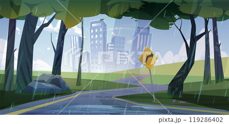Asphalt twisting road to city in rainy weather 119286402