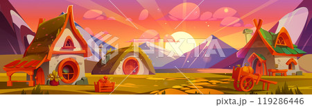Cartoon dwarf village in mountain valley at sunset Cartoon dwarf village in mountain valley at sunset 119286446