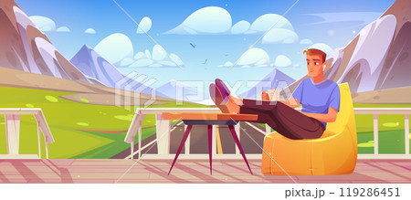 Man sitting on terrace with road and mountain view Man sitting on terrace with road and mountain view 119286451