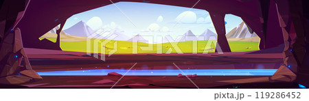 Cave view on grass field and mountains nature Cave view on grass field and mountains nature 119286452