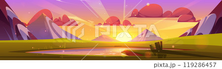 Cartoon sunrise above lake in mountain valley Cartoon sunrise above lake in mountain valley 119286457