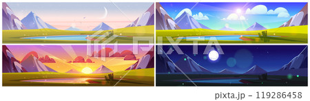 Mountain lake landscape in morning, sunset, night 119286458