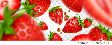 Many fresh strawberries falling, flying Many fresh strawberries falling, flying 119286494