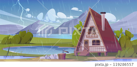 Wooden cottage near mountain lake in rainy weather Wooden cottage near mountain lake in rainy weather 119286557