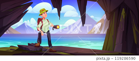 Mountain landscape from cave view with man inside Mountain landscape from cave view with man inside 119286590