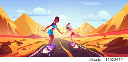 Sexy woman on desert asphalt road with skateboard Sexy woman on desert asphalt road with skateboard 119286594