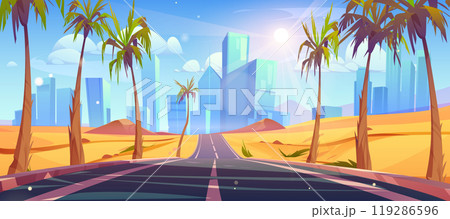 Desert road to city street with palm tree vector 119286596