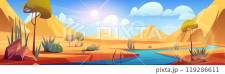 Desert river landscape vector cartoon background Desert river landscape vector cartoon background 119286611