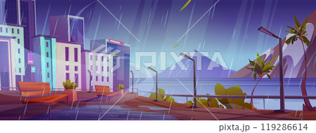 Rainy city embankment, bench on street near river Rainy city embankment, bench on street near river 119286614