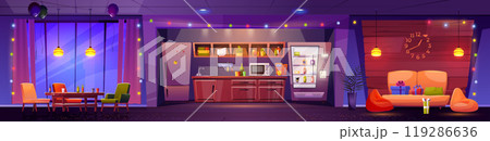 Party in evening office break room with kitchen Party in evening office break room with kitchen 119286636