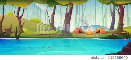 Campsite in forest near river cartoon landscape 119286640