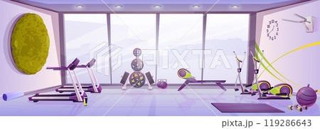 Vector gym room interior with fitness equipment Vector gym room interior with fitness equipment 119286643