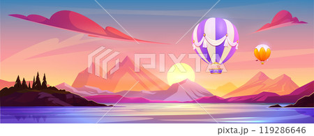 Hot air balloons flying above river and mountains Hot air balloons flying above river and mountains 119286646