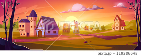 Cartoon medieval town at sunset 119286648