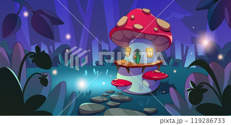 Gnome mushroom houses in night forest 119286733