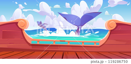 Whale tail splashing in ocean view from ship board Whale tail splashing in ocean view from ship board 119286750