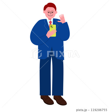 スーツを着たメガネの男性がビデオ通話をしている全身のイラスト スーツを着たメガネの男性がビデオ通話をしている全身のイラスト 119286755