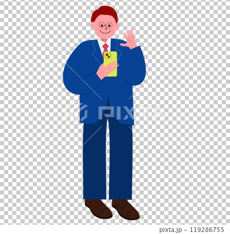 スーツを着たメガネの男性がビデオ通話をしている全身のイラスト スーツを着たメガネの男性がビデオ通話をしている全身のイラスト 119286755