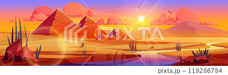 Pyramid in egypt desert oasis sunset landscape 119286784