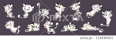 Cute white tiger baby cartoon vector character set Cute white tiger baby cartoon vector character set 119286801