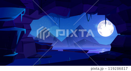 Mountain cave exit with night lake view 119286817