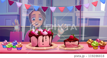 Hungry woman looking at desserts through window Hungry woman looking at desserts through window 119286818